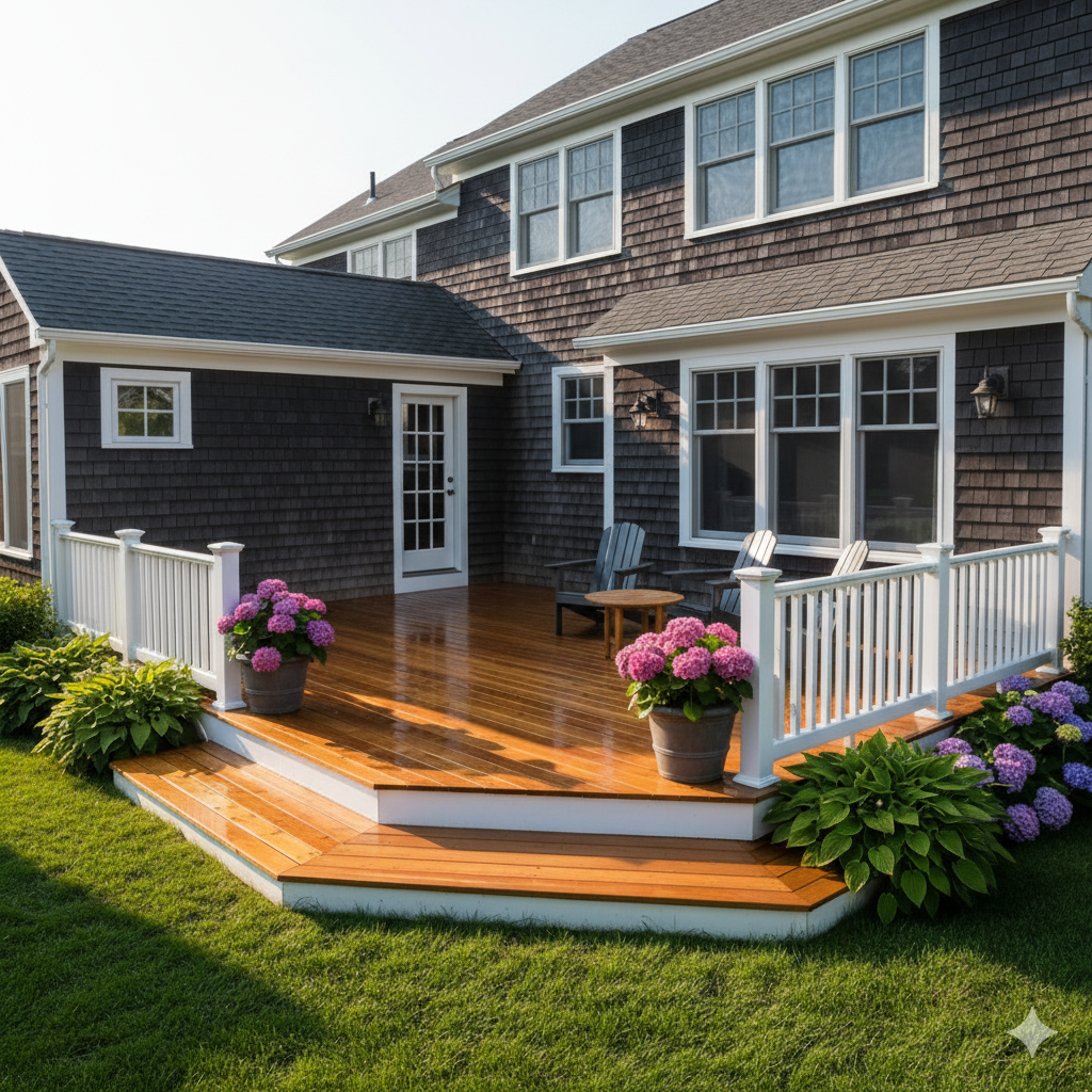 Wood deck cleaning and restoration showing renewed deck surface after professional pressure washing and staining service