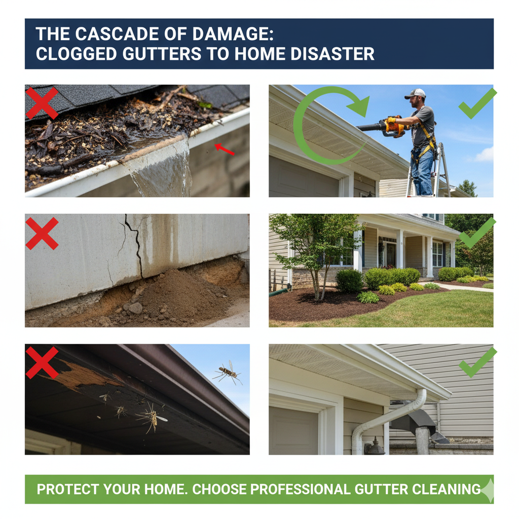 Infographic showing how clogged gutters lead to foundation damage, flooding, rot, and pest infestations