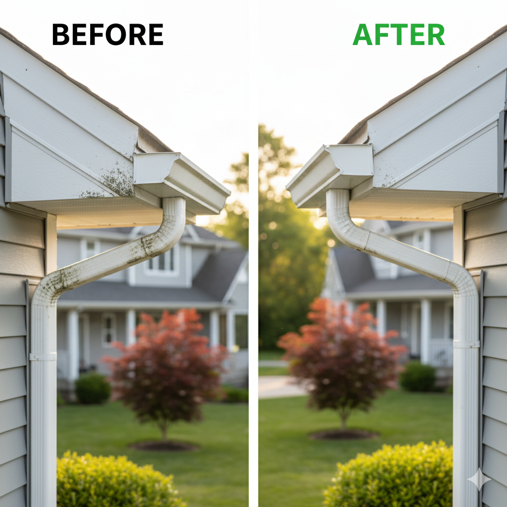 Before and after comparison showing gutter brightening transformation from stained to pristine white