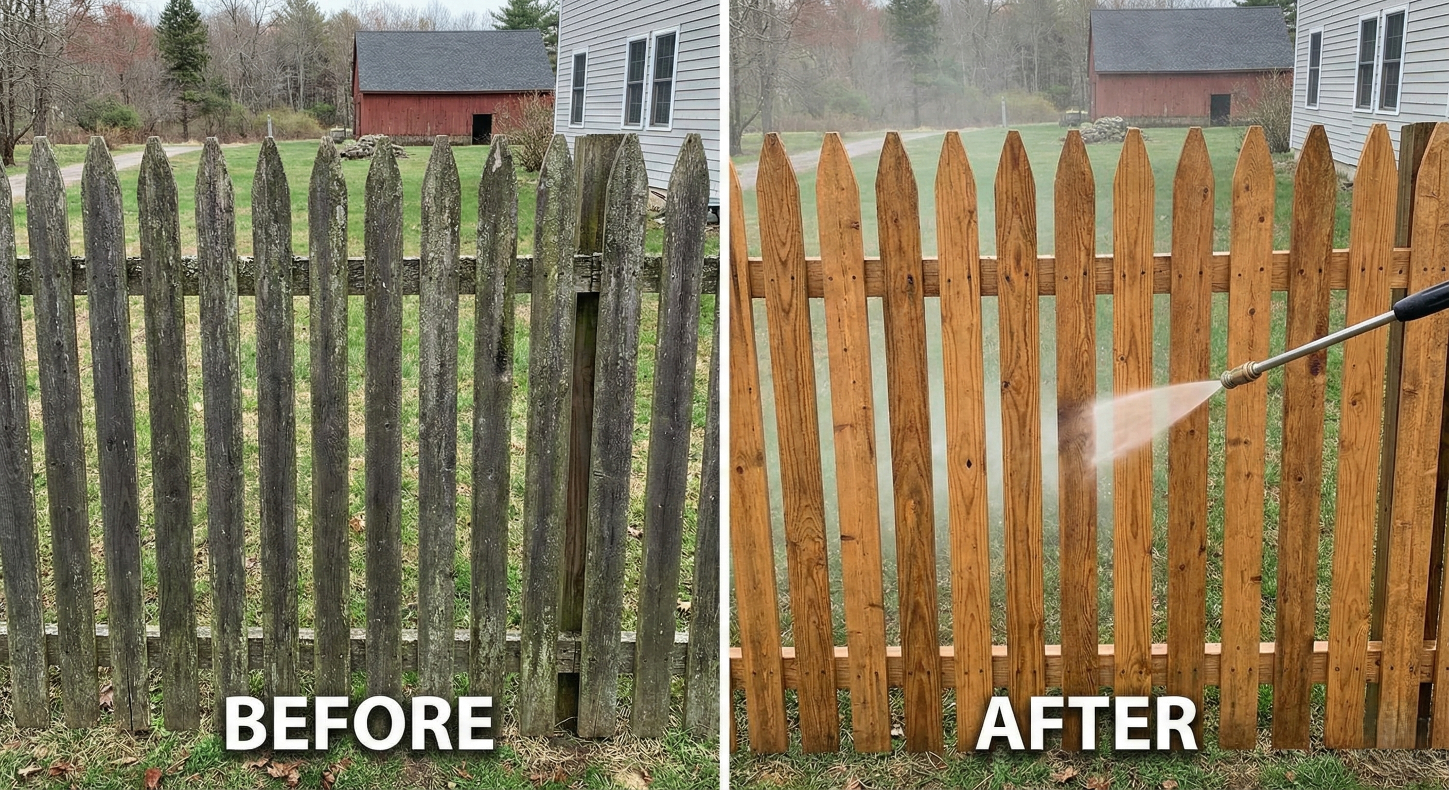 Before and after comparison showing dirty weathered wood fence transformed to clean natural wood color through professional power washing in Rhode Island